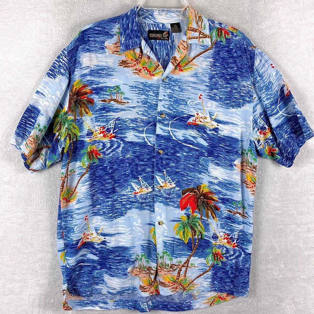 VTG Thums Up Hawaiian Shirt Mens L Blue Surf AOP Rayon Preppy Beach Aloha 80s